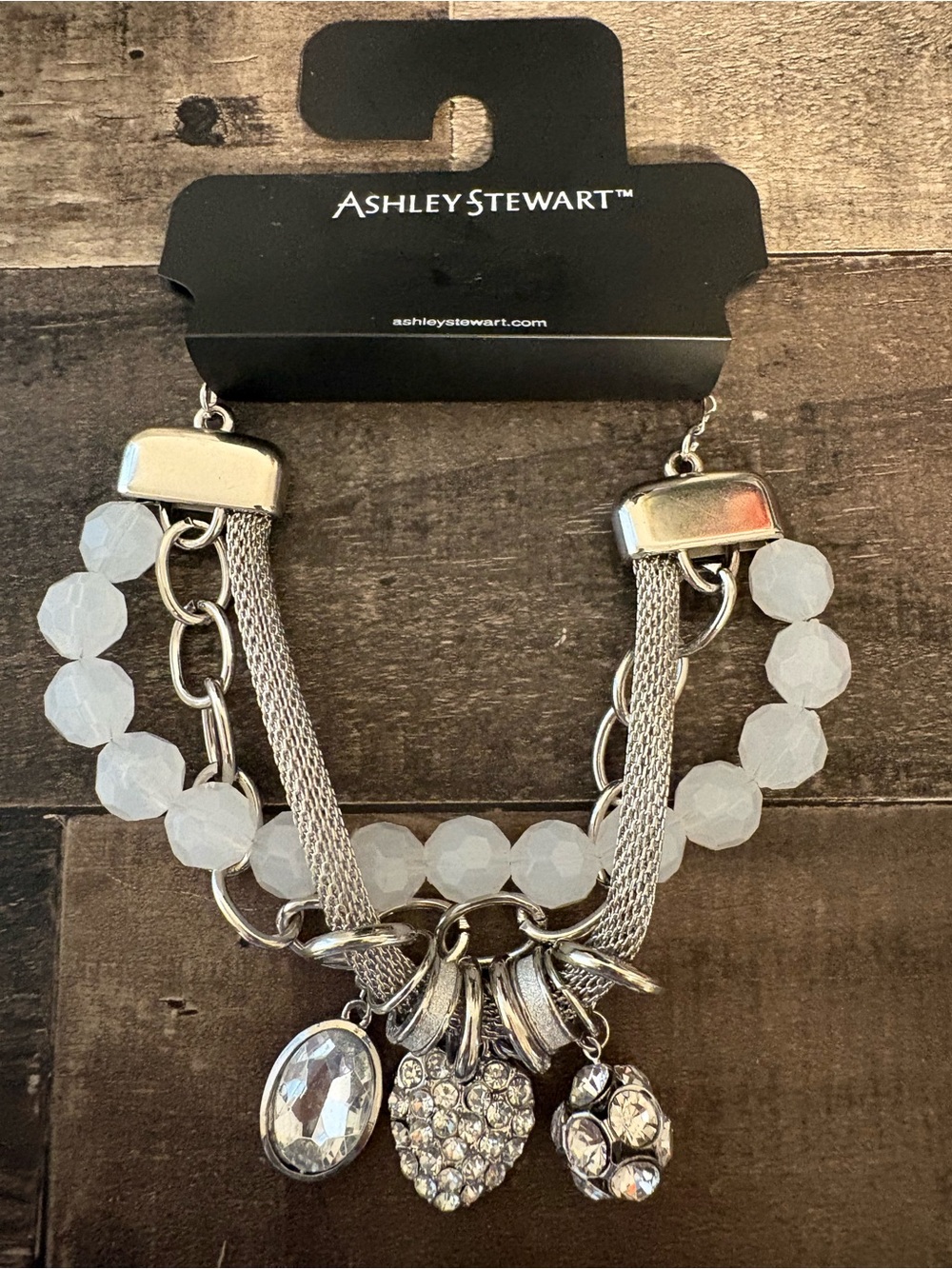 NWT Ashley Stewart Silver-Tone Multi-Strand Charm Bracelet with White Beads